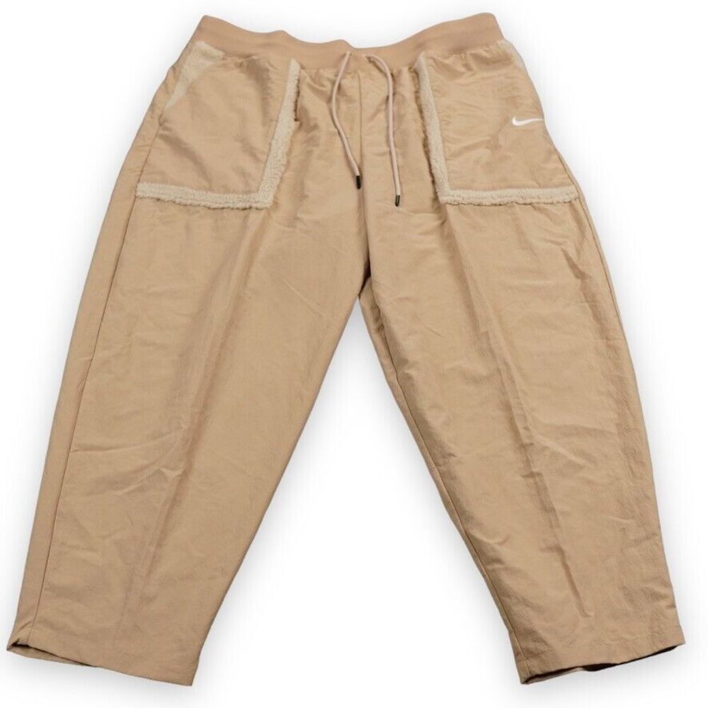 Nike Loose Fit High Rise Pants Womens XXL Drawstring Khaki Faux Fur Trim Curvy